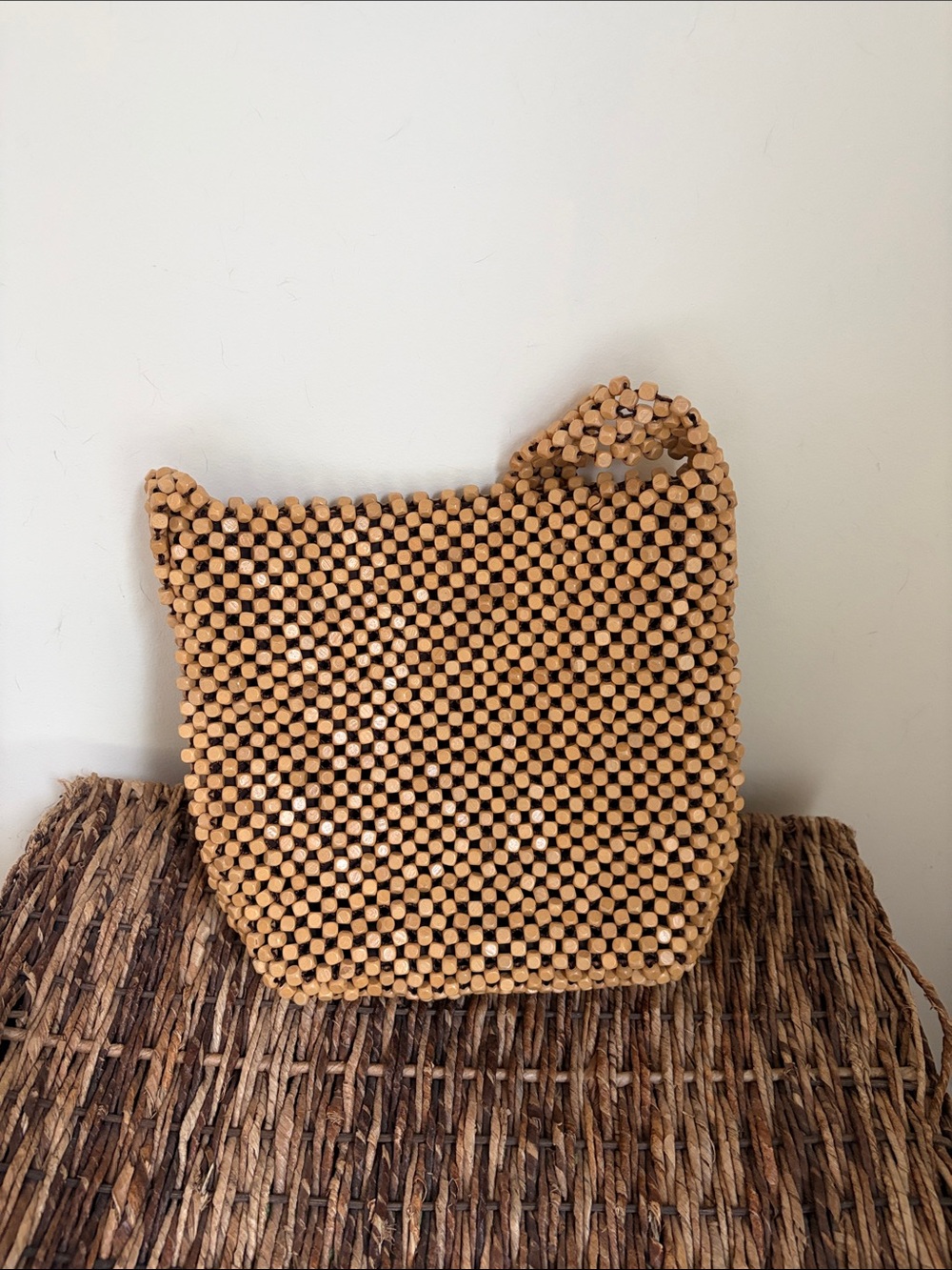 Vintage The Sak by Elliott Lucca Wooden Beaded Shoulder Bag Tan Boho 90s Purse